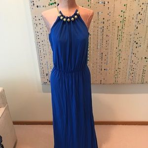 Cobalt blue maxi dress with gold detail